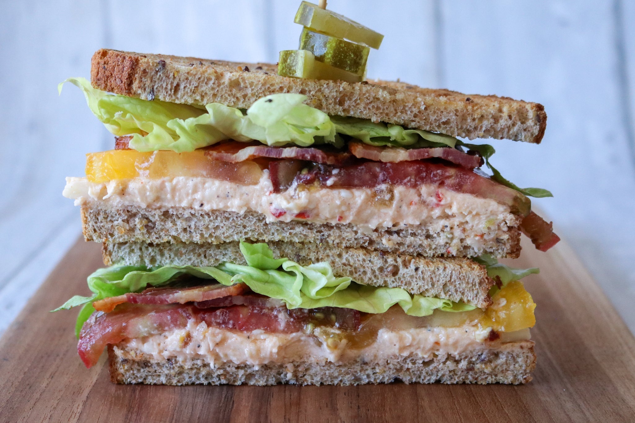 BLT on wheat bread with pimento cheese