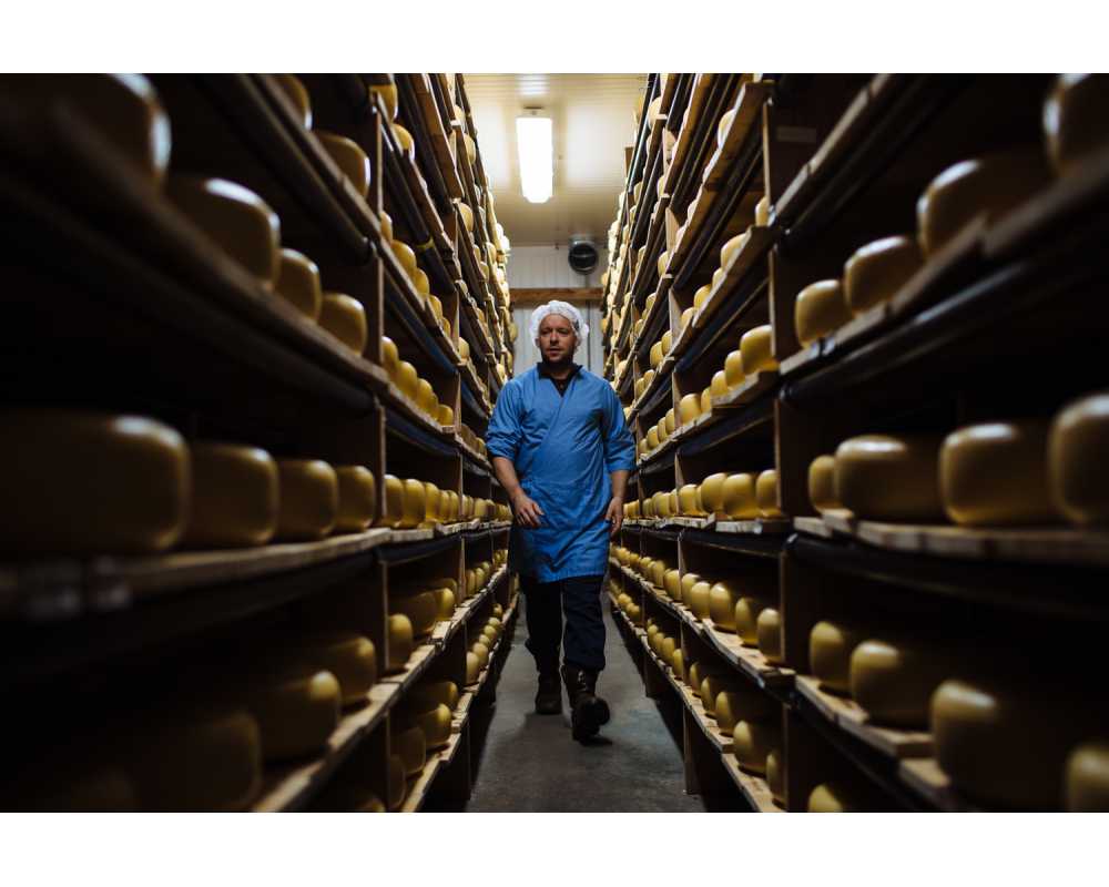 Head cheesemaker, Kuba Hemmerling walking down an aisle of the Toma cheese aging room
