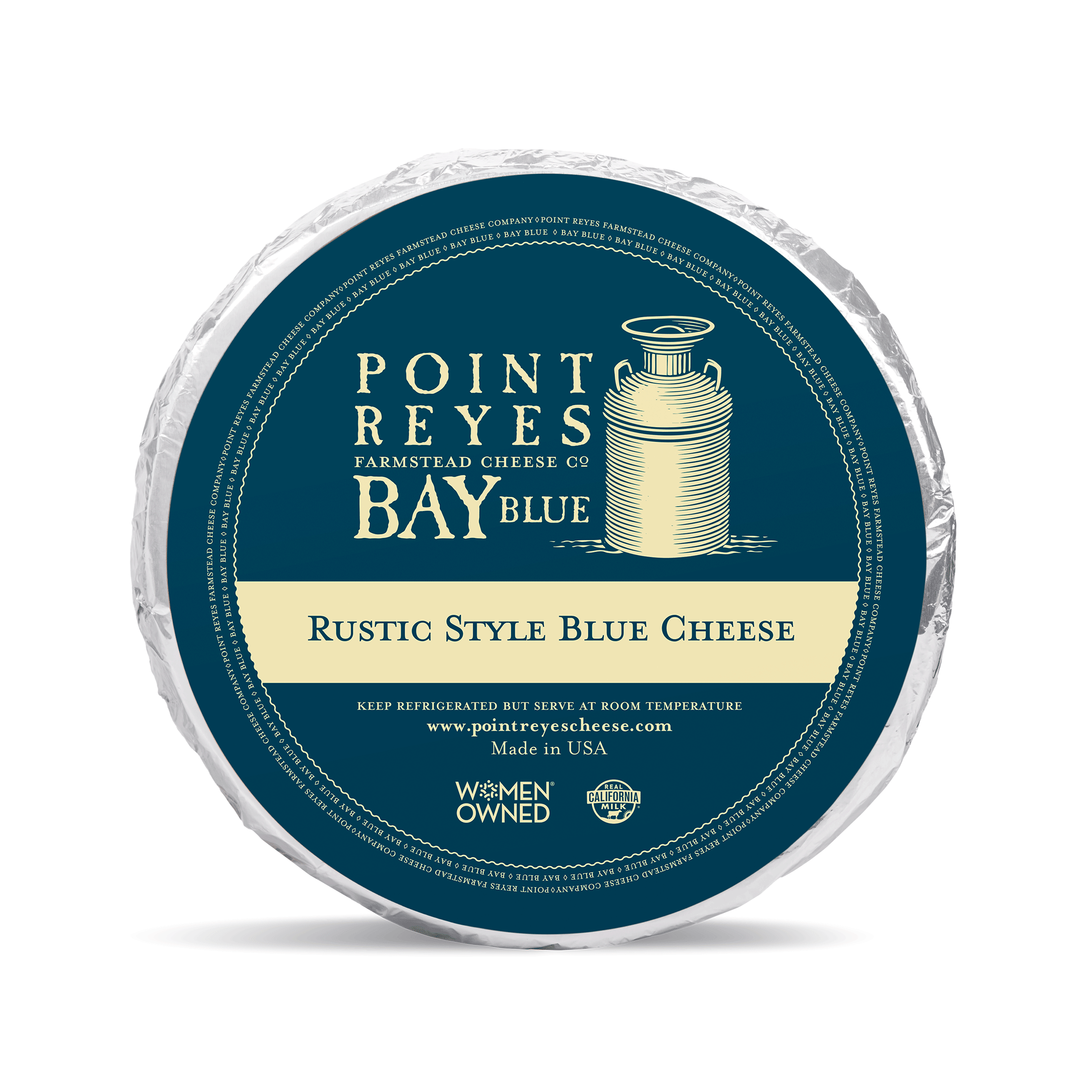 Point Reyes Bay Blue rustic style blue cheese packaging on a white background