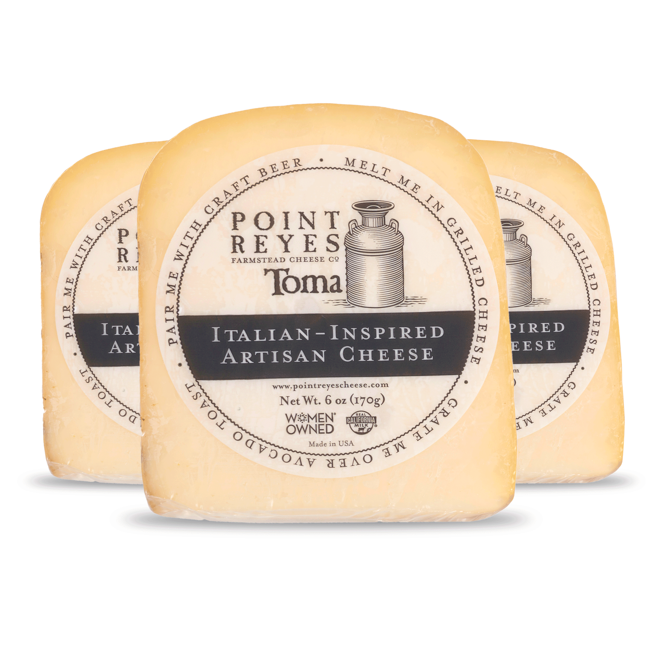 Three blocks of Point Reyes Toma Italian-Inspired Artisan Cheese on a white background