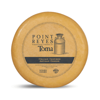 Point Reyes Toma cheese wheel on a white background