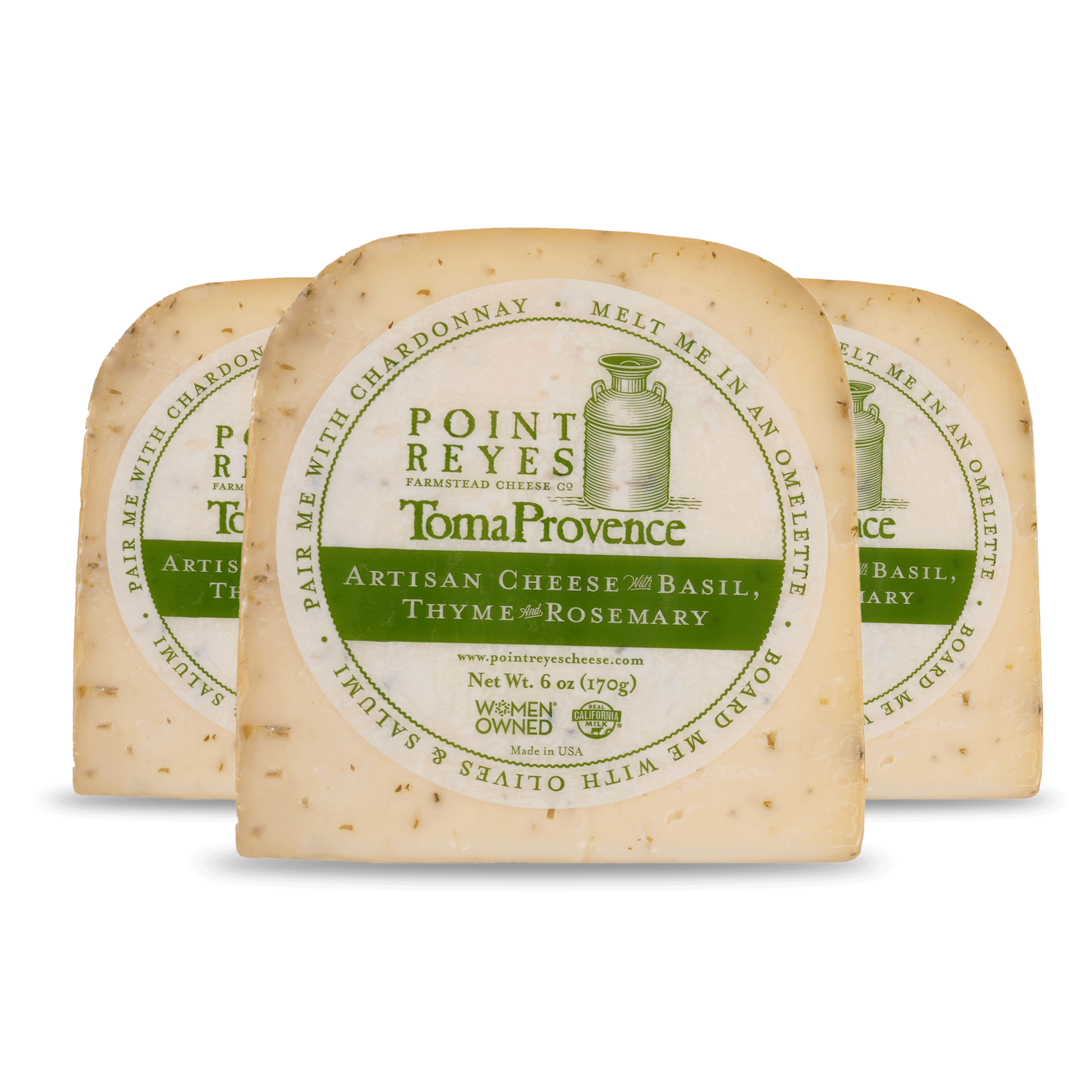 Three blocks of Point Reyes Toma Provรจence artisan cheese with labels on a white background