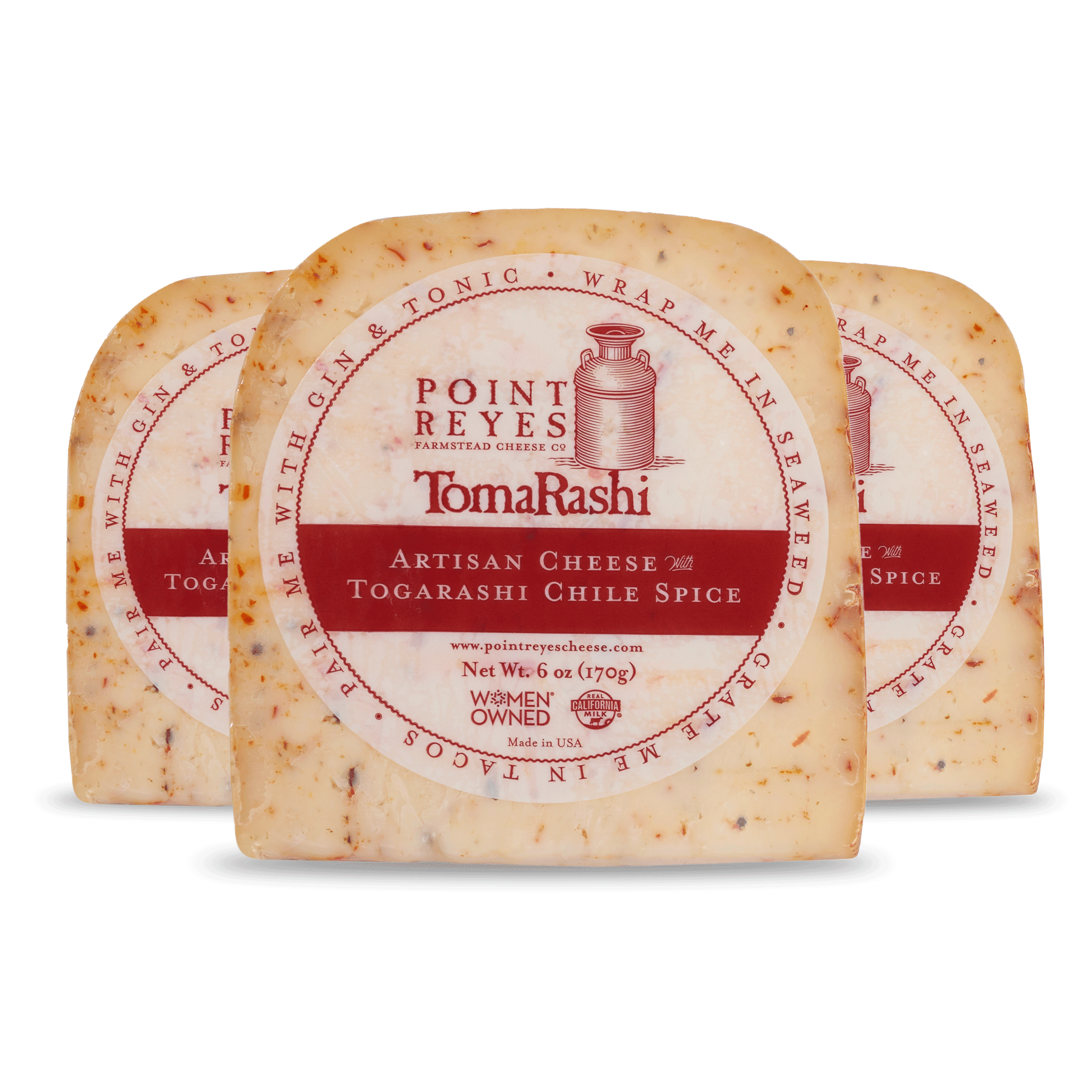 Three blocks of Point Reyes Togarashi Artisan Cheese on a white background