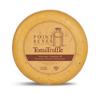 Point Reyes TomaTruffle cheese wheel on a white background