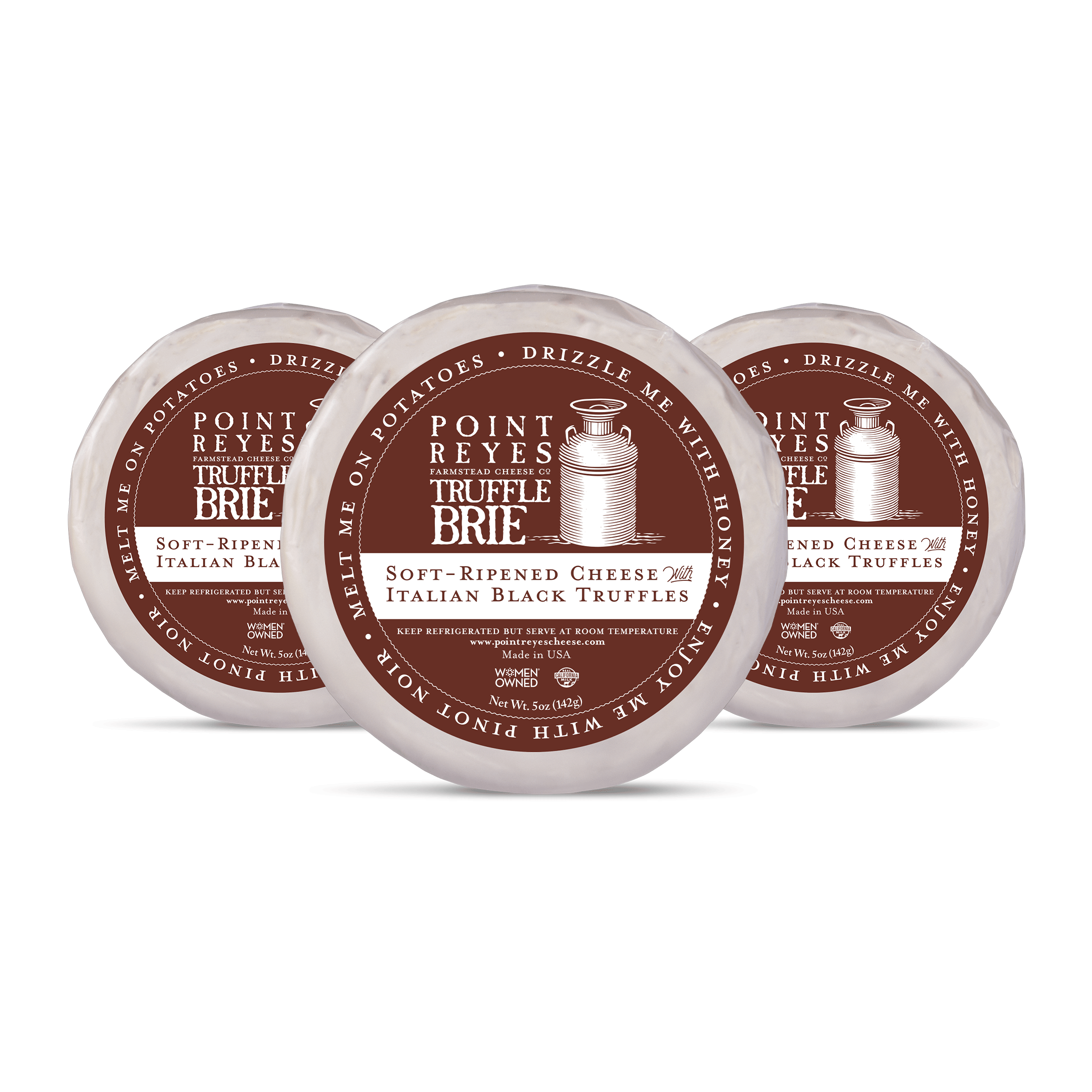 Three containers of Point Reyes Truffle Brie on a white background