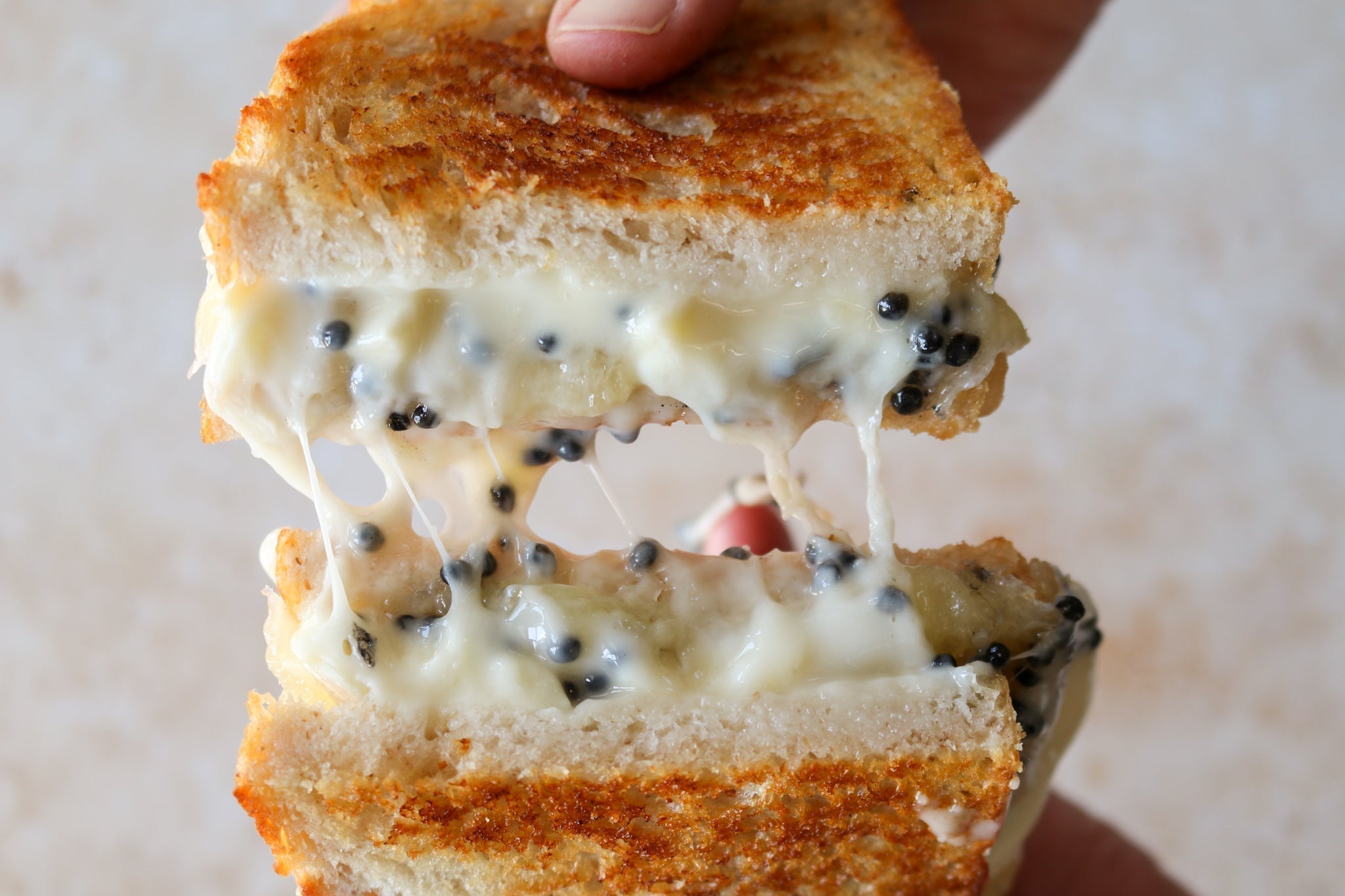 Caviar grilled cheese pull on a plate