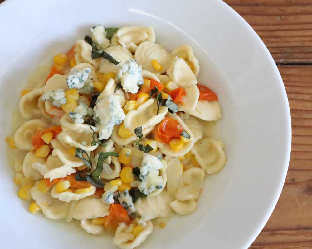Creamy Orecchiette with Roasted Corn, Tomatoes + Original Blue 