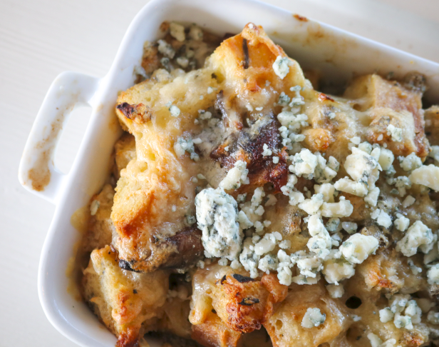 Mushroom Bread Pudding with Toma & Bay Blue 