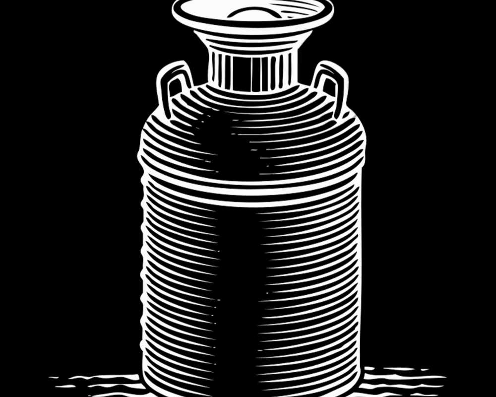 The outline of a white milk can on a black background