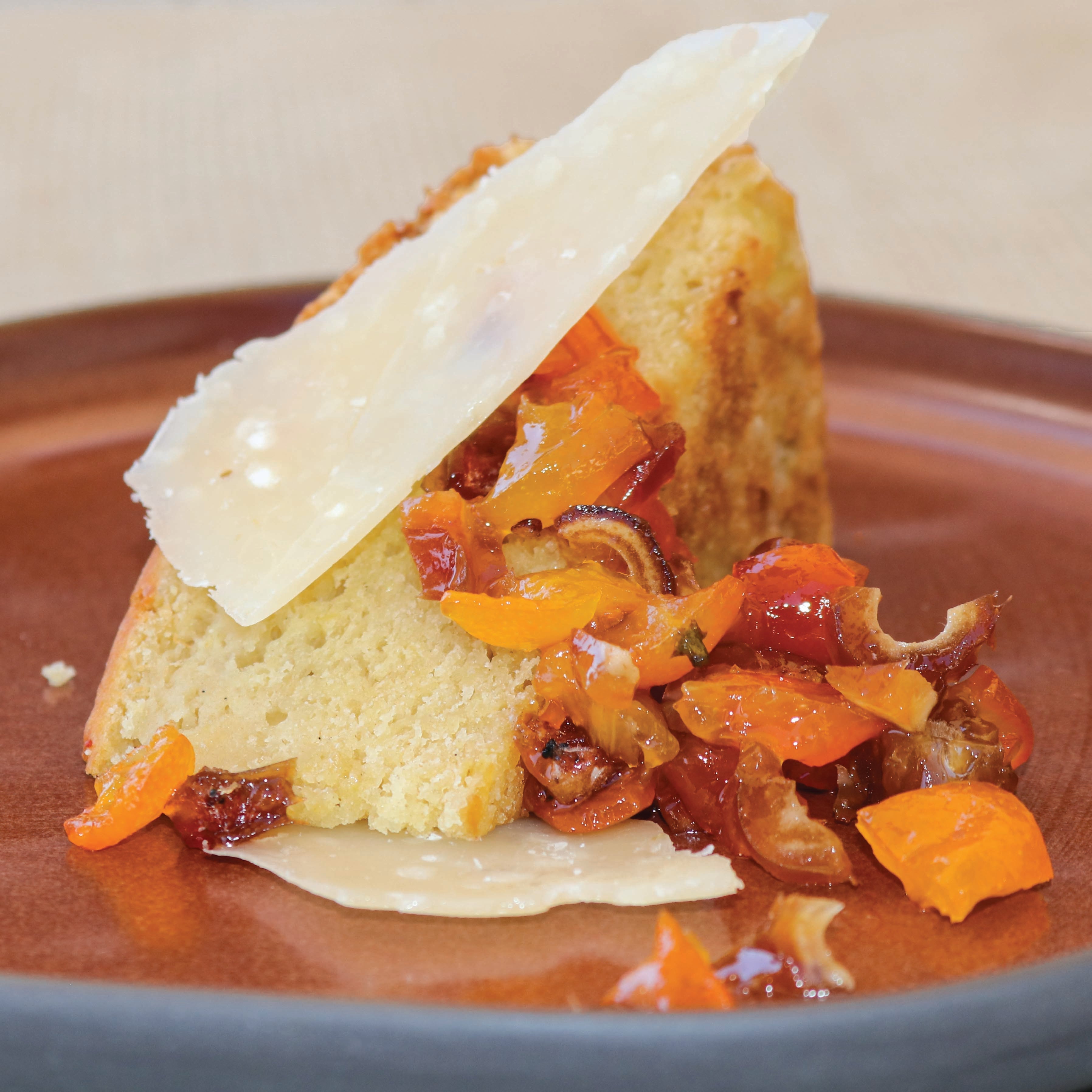 Parsnip-Vanilla Bean Cake with  Dates, Candy Cap & Point Reyes Gouda