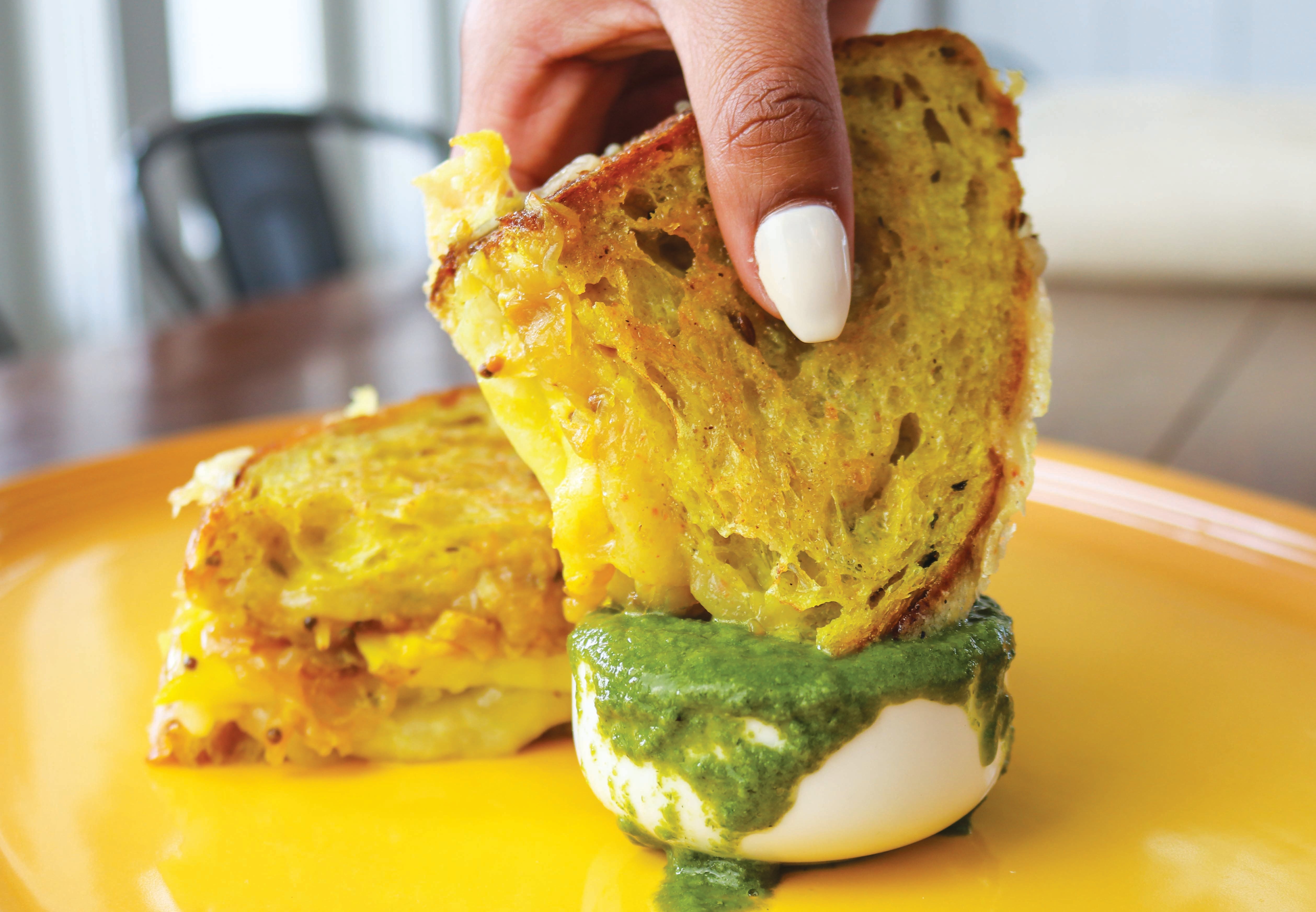 Masala Grilled Cheese with TomaRashi and Herb-Jalapeno Chutney