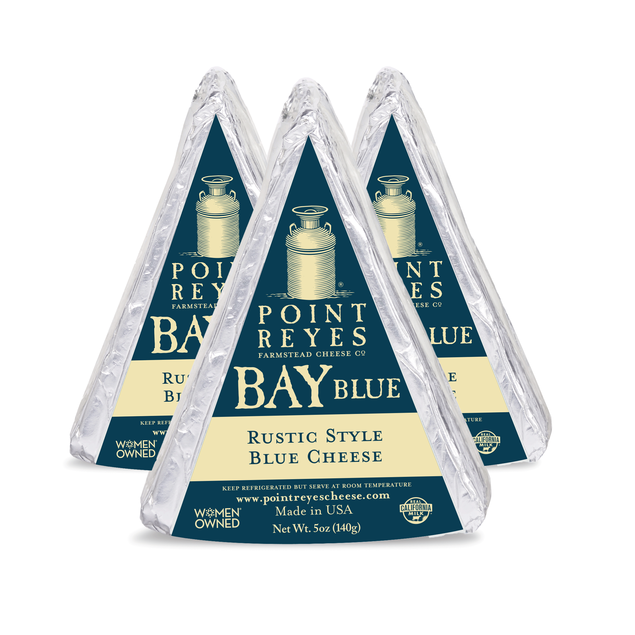 Three packages of Point Reyes Bay Blue Rustic Style Blue Cheese on a white background