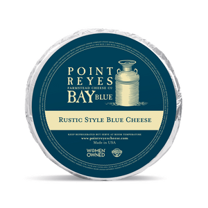 Point Reyes Bay Blue rustic style blue cheese packaging on a white background