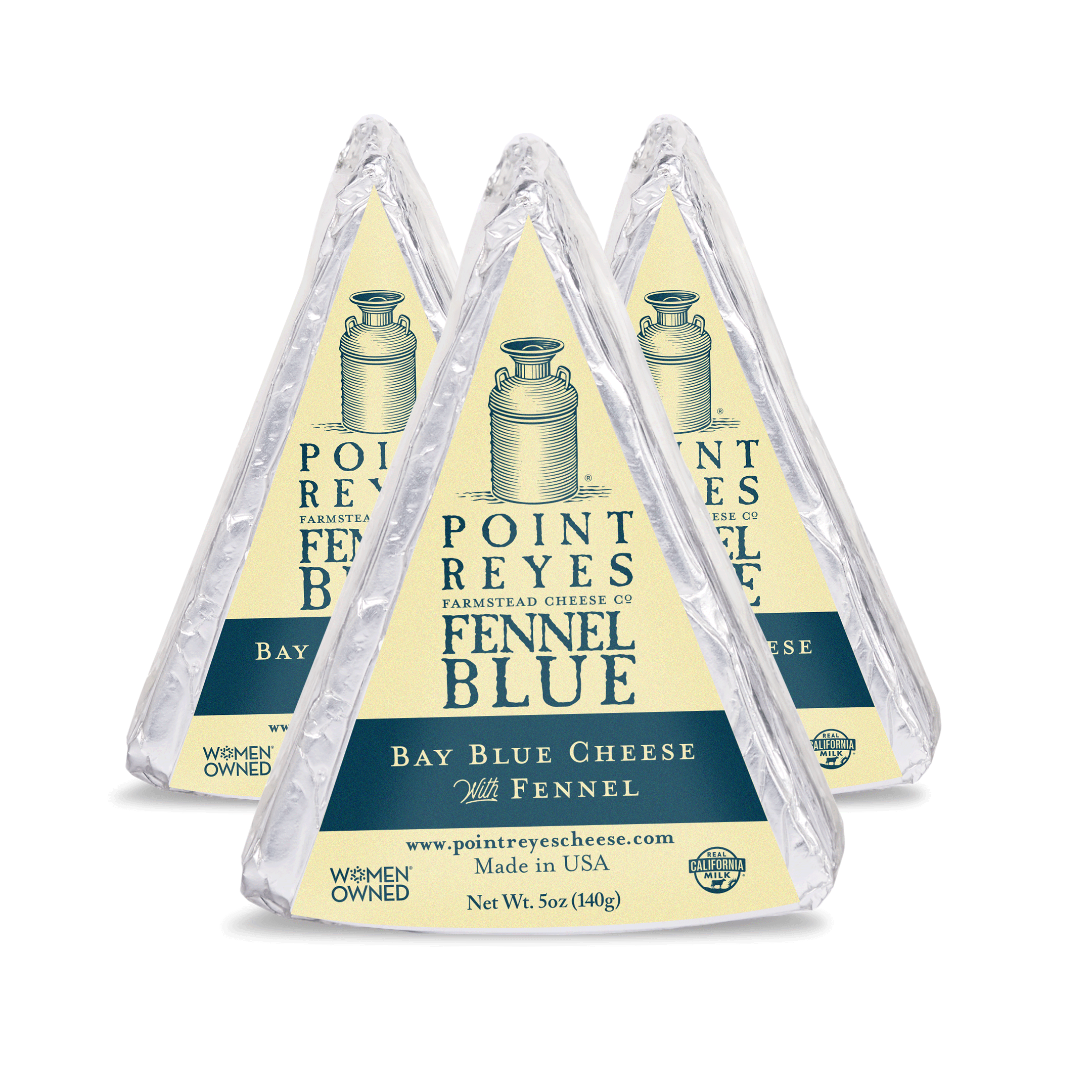 Three packages of Point Reyes Fennel Blue cheese on a transparent background