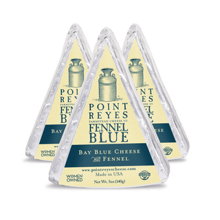 Three packages of Point Reyes Fennel Blue cheese on a transparent background
