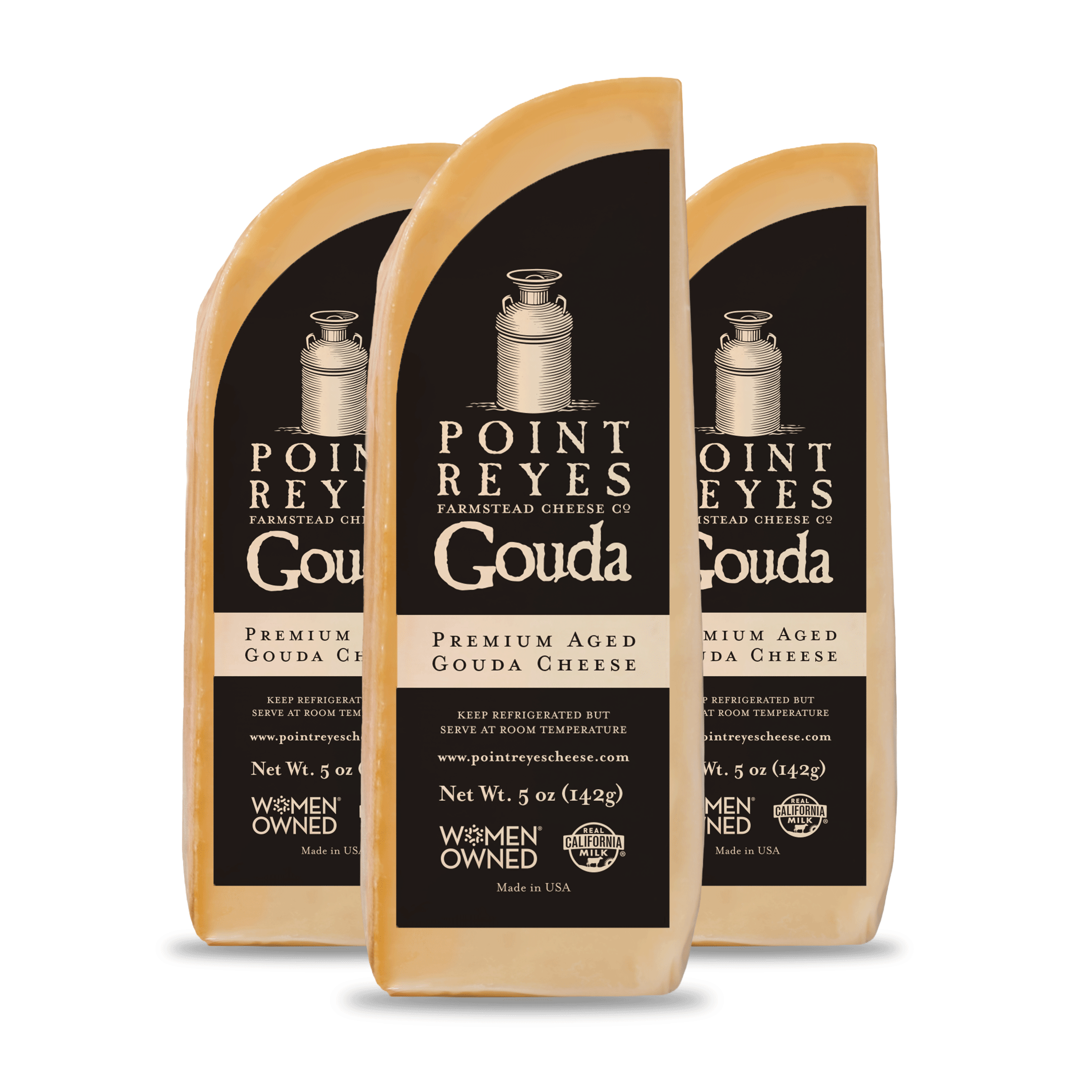 Three packages of Point Reyes Gouda cheese on a white background