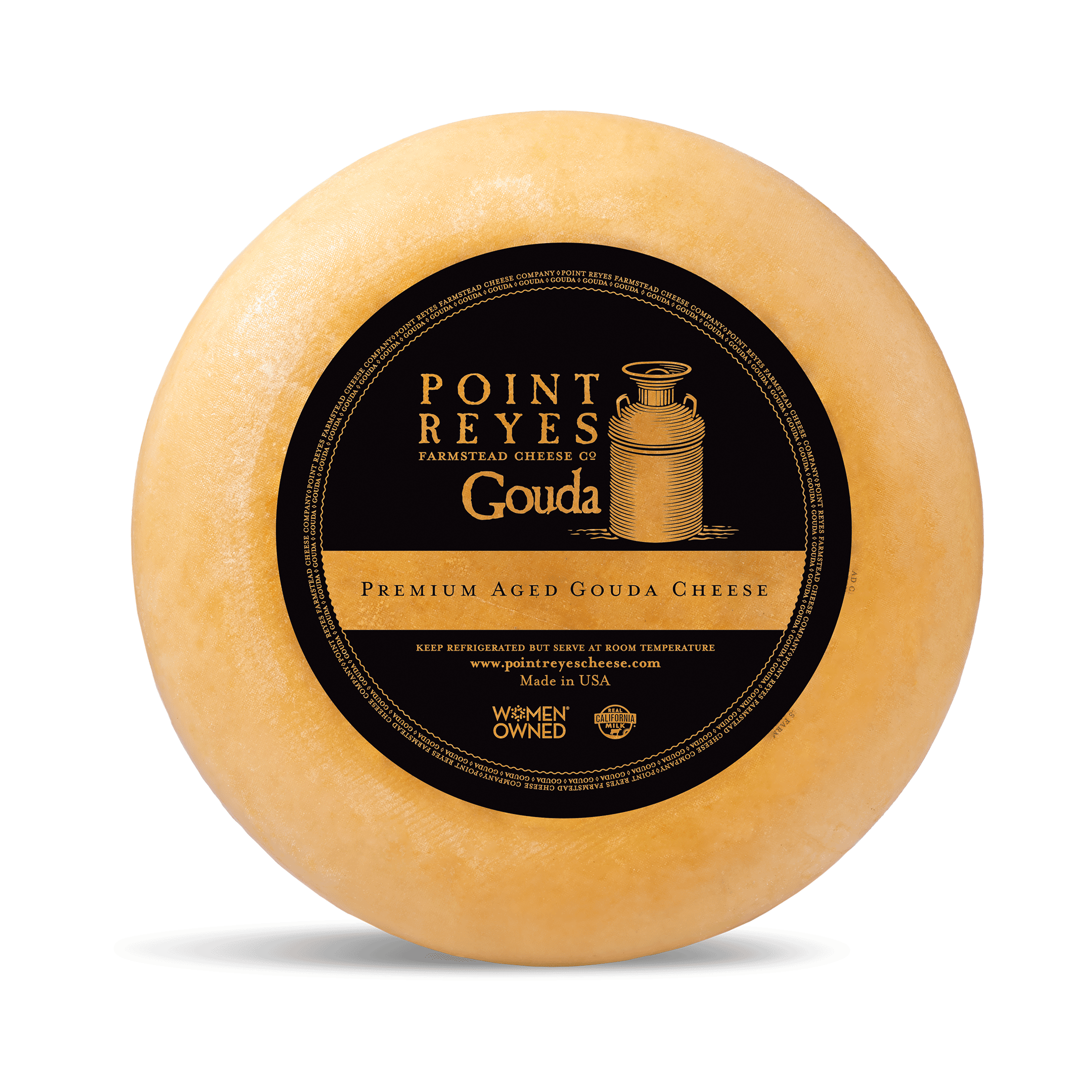 Point Reyes Gouda cheese wheel with a black label on a white background