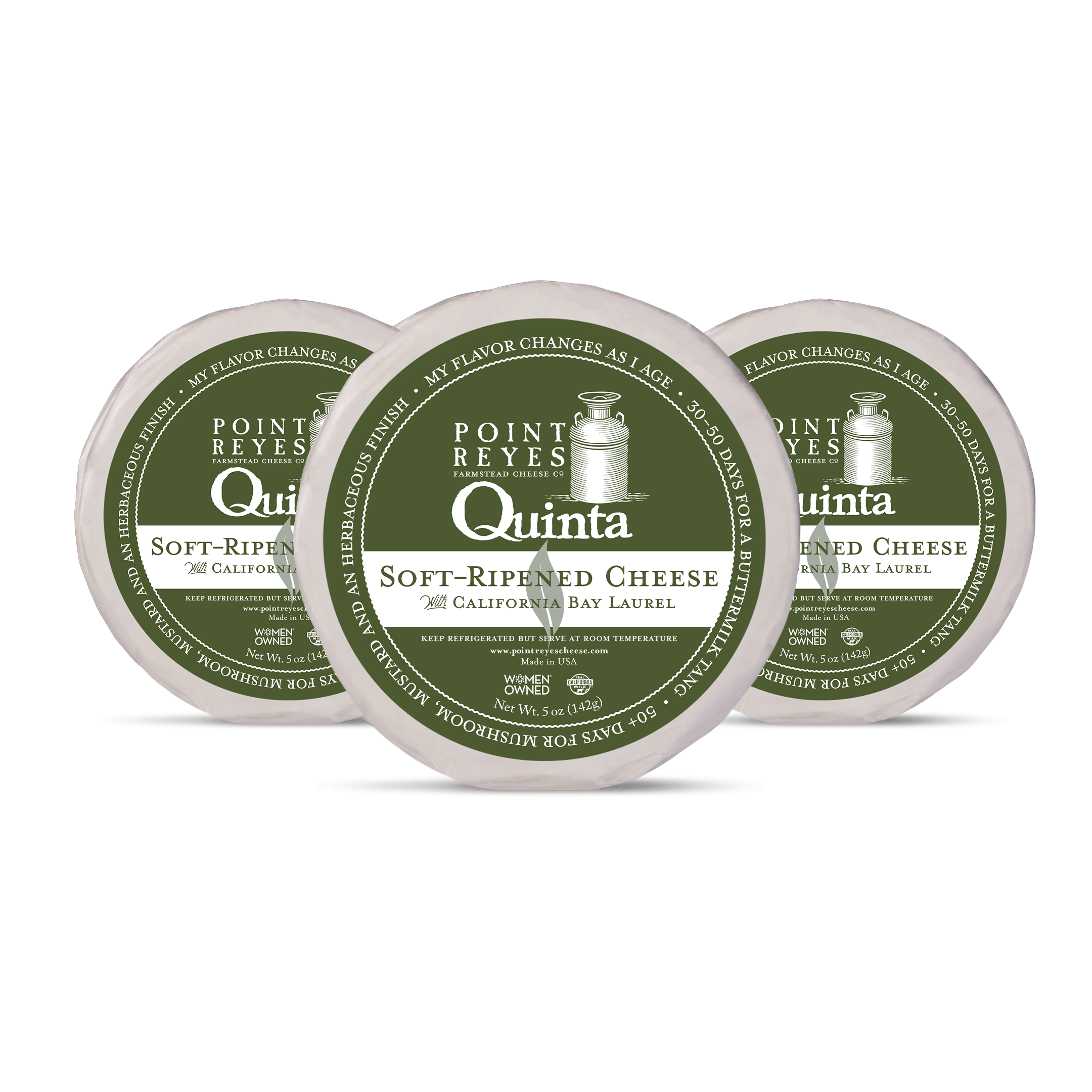 Three containers of Point Reyes Quinta soft-ripened cheese on a white background