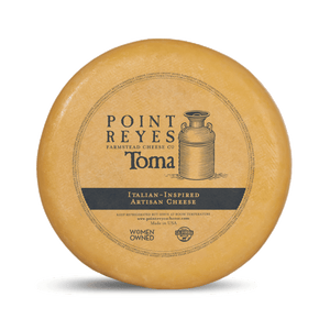 Point Reyes Toma cheese wheel on a white background
