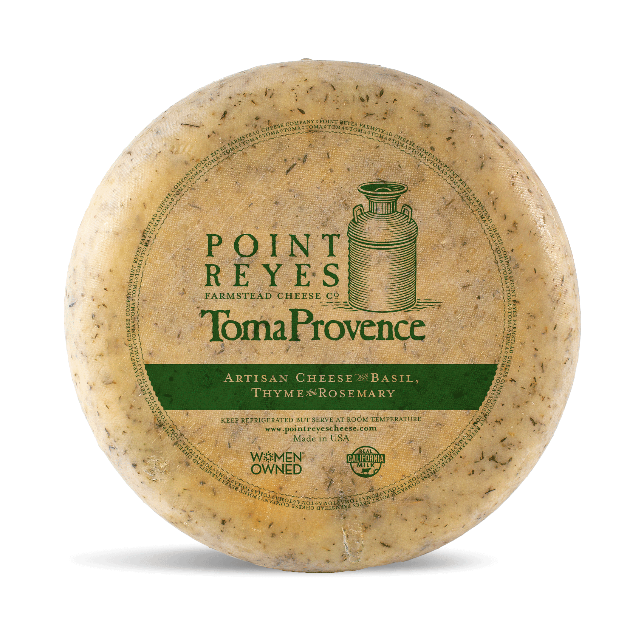 Point Reyes Farmstead Cheese Co. Toma Provence cheese wheel on a white background