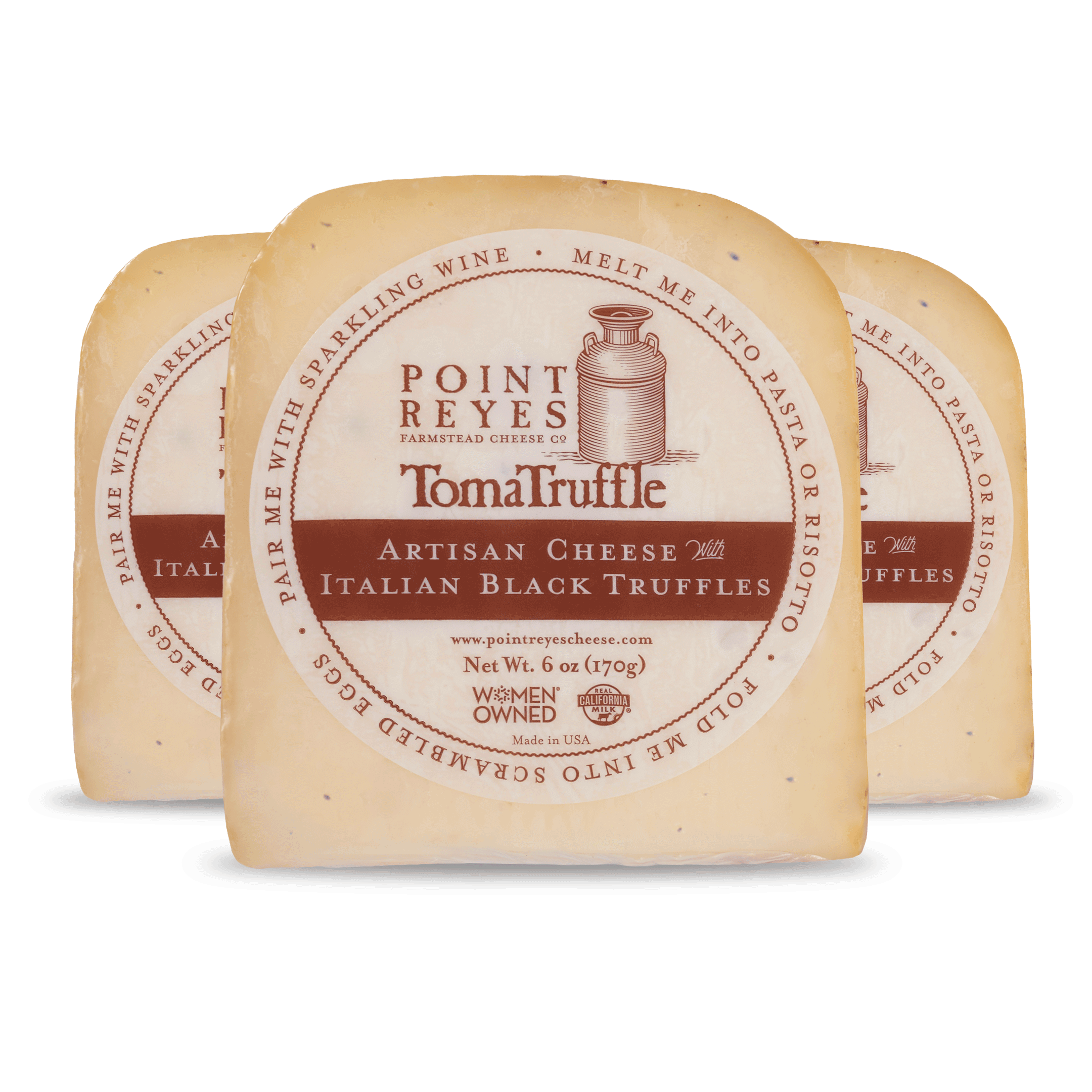 Point Reyes Toma Truffle cheese with label on a white background