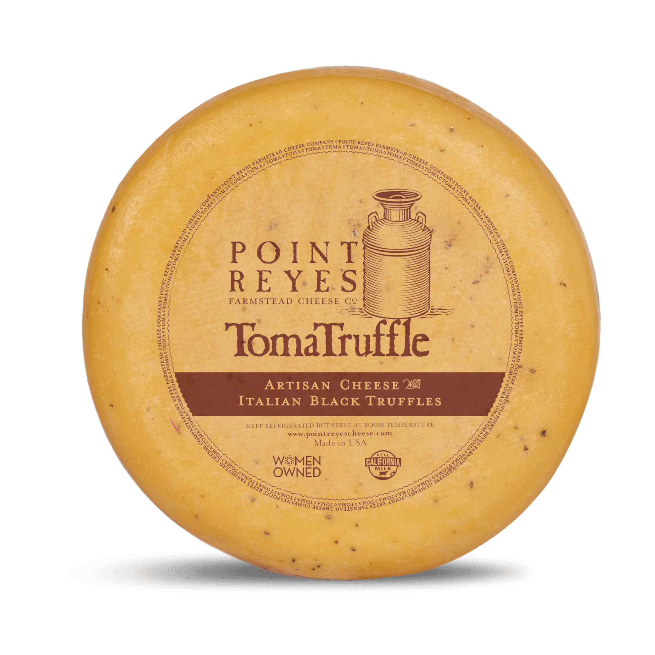 Point Reyes TomaTruffle cheese wheel on a white background