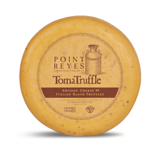 Point Reyes TomaTruffle cheese wheel on a white background
