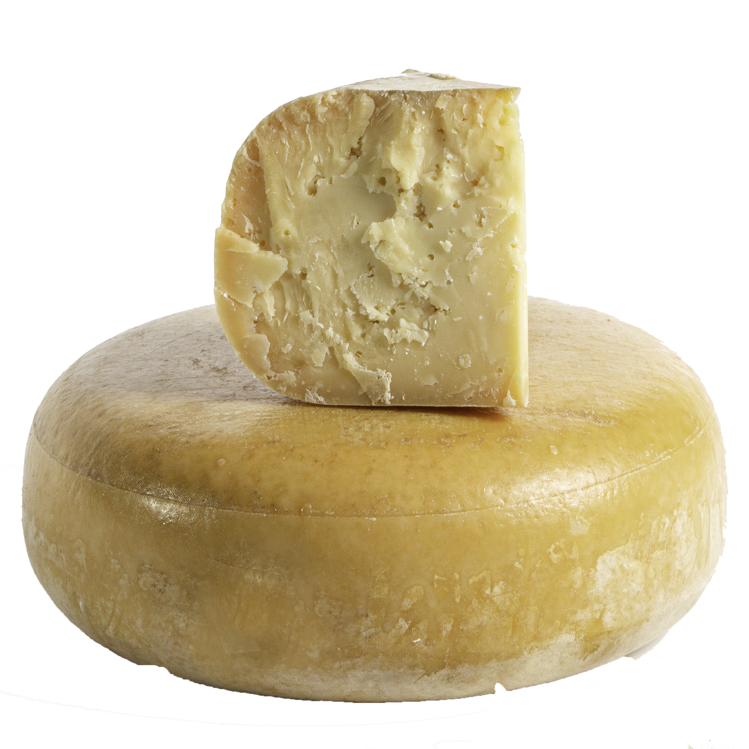 A wheel and wedge of Aged Gouda on a white background