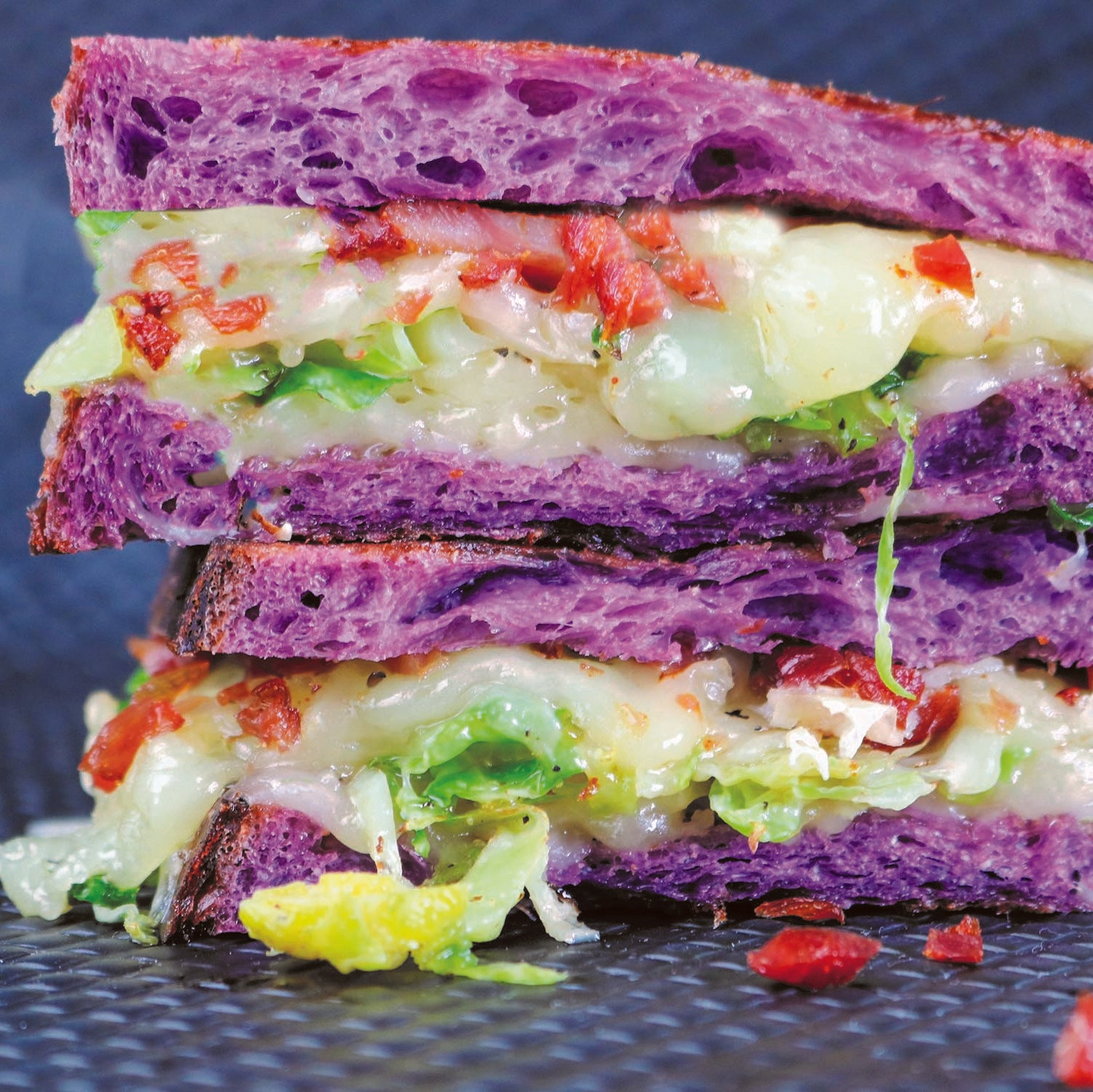 A grilled cheese sandwich with Toma cheese, brussels sprouts, and bacon on purple ube bread
